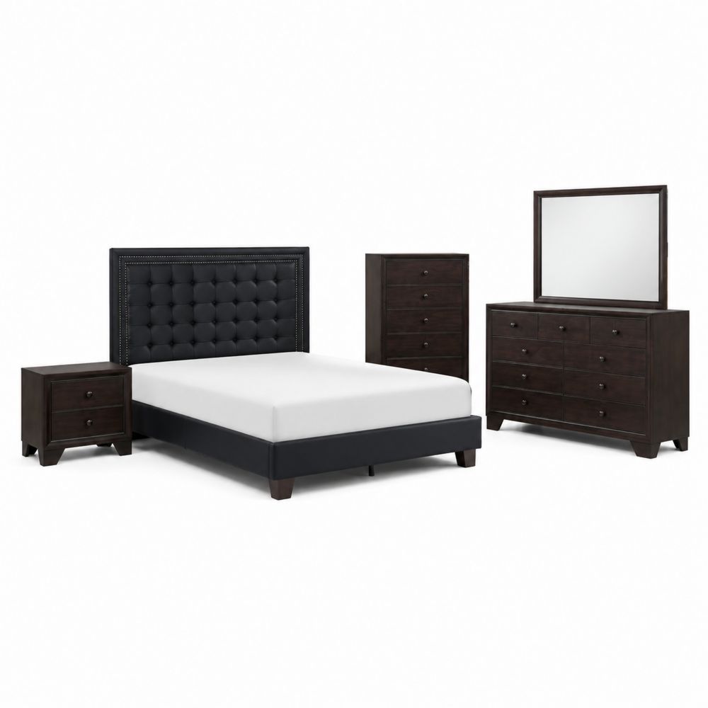 Schlafzimmer-Set mit gepolstertem Bett, Nachttischen, Kommode und Spiegel, Schwarz/Dunkelbraun, Bett 180x200 cm, Holz/MDF-maisonfleurco