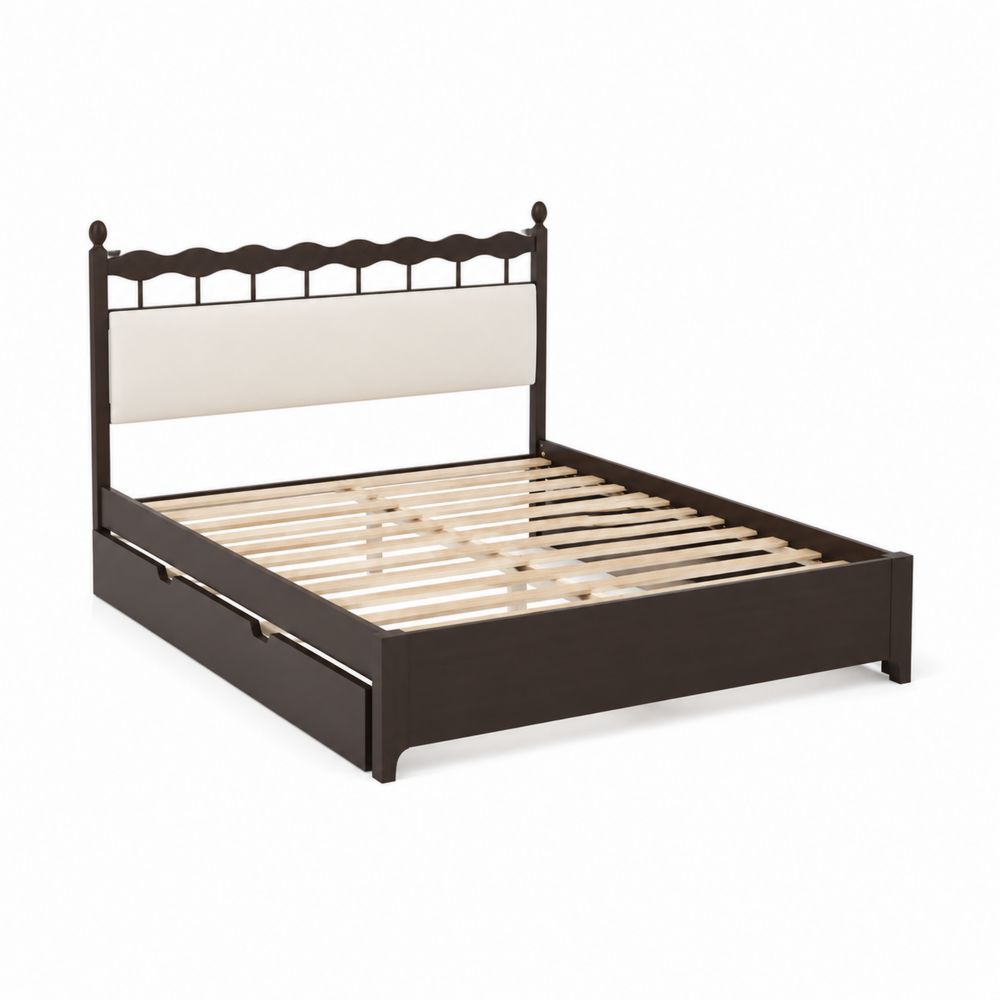 Holzbett 200x160cm Dunkelbraun mit Baumwollkopfteil Creme-maisonfleurco