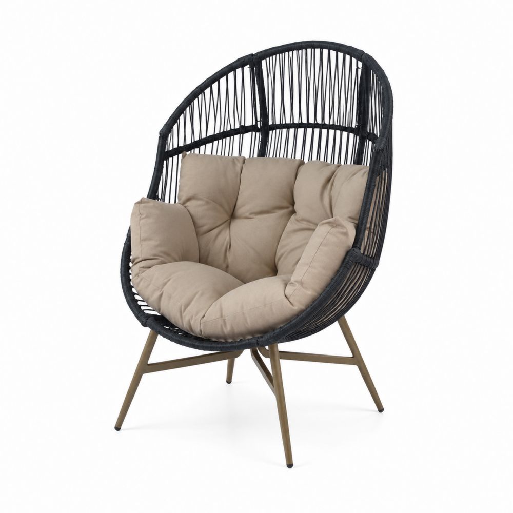 Outdoor-Sessel Stahlrahmen Polyrattan Schwarz/Beige Kissen-maisonfleurco