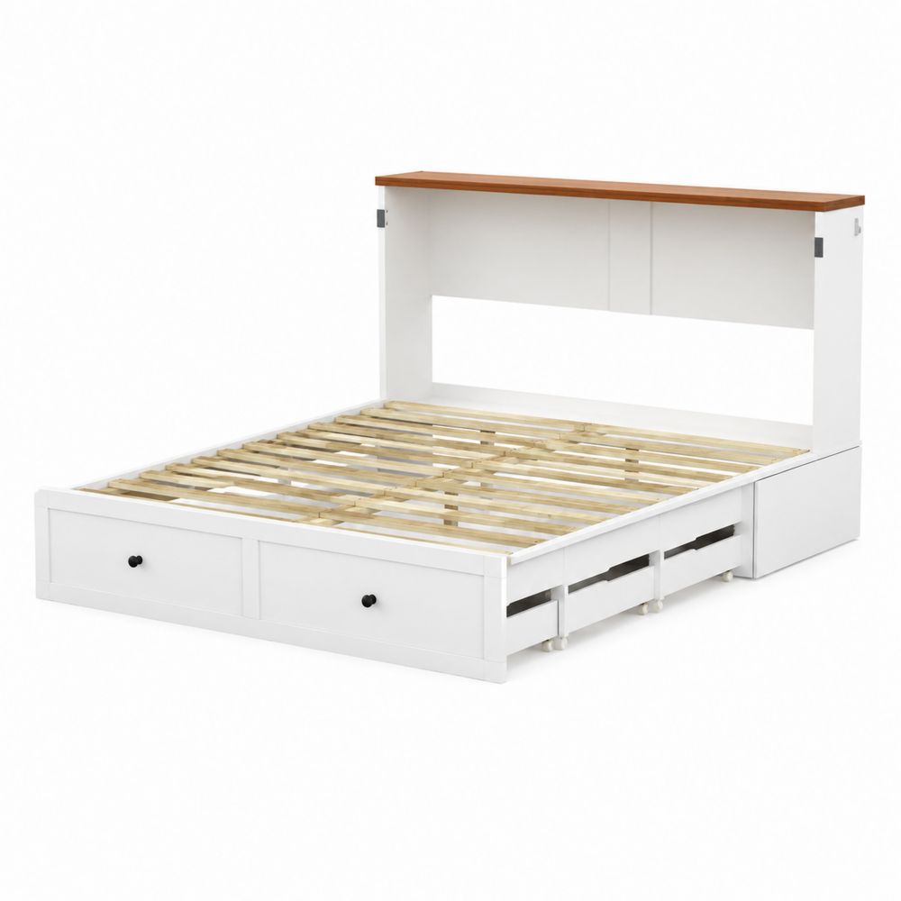 Holzbett mit Regal-Kopfteil und Stauraum 200x160cm Weiß/Natur-maisonfleurco