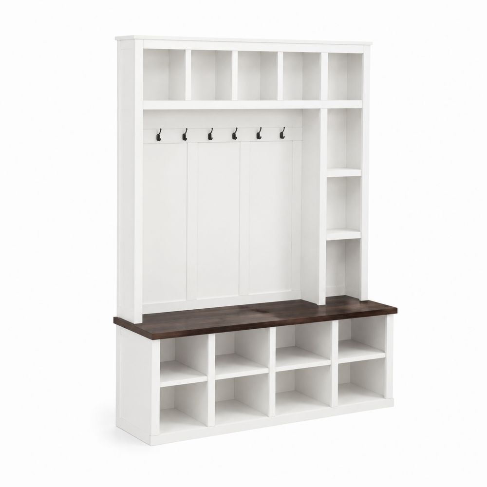 Eingangsmöbel Holz mit Sitzbank und Haken Weiß/Braun-maisonfleurco