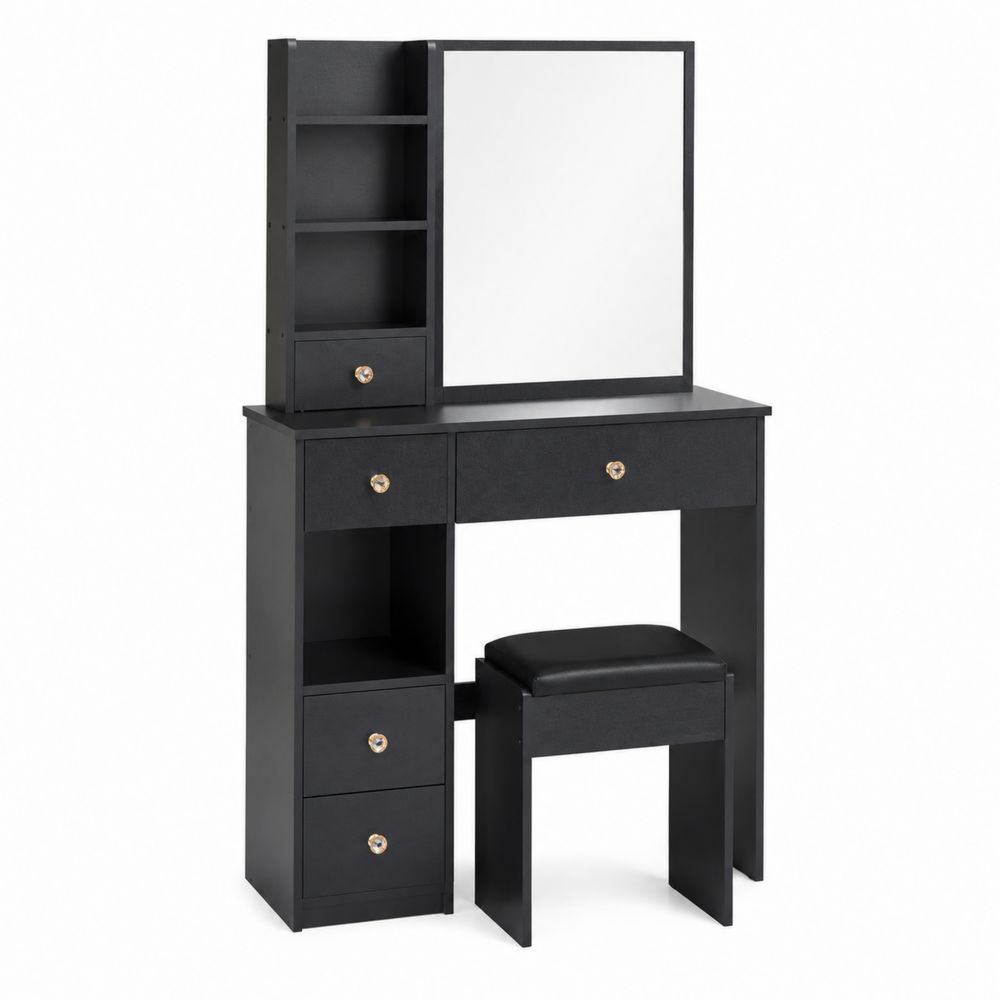 Schminktisch-Set mit Spiegel und Hocker aus Spanplatte in Schwarz-maisonfleurco