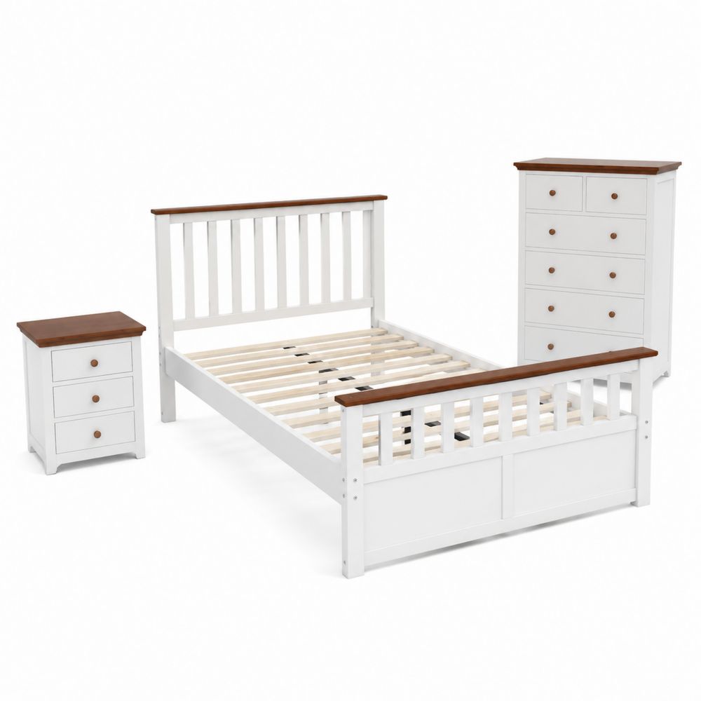Holz Schlafzimmer-Set Weiß/Braun mit Bett 160x200 cm, Nachttisch, Kommode-maisonfleurco