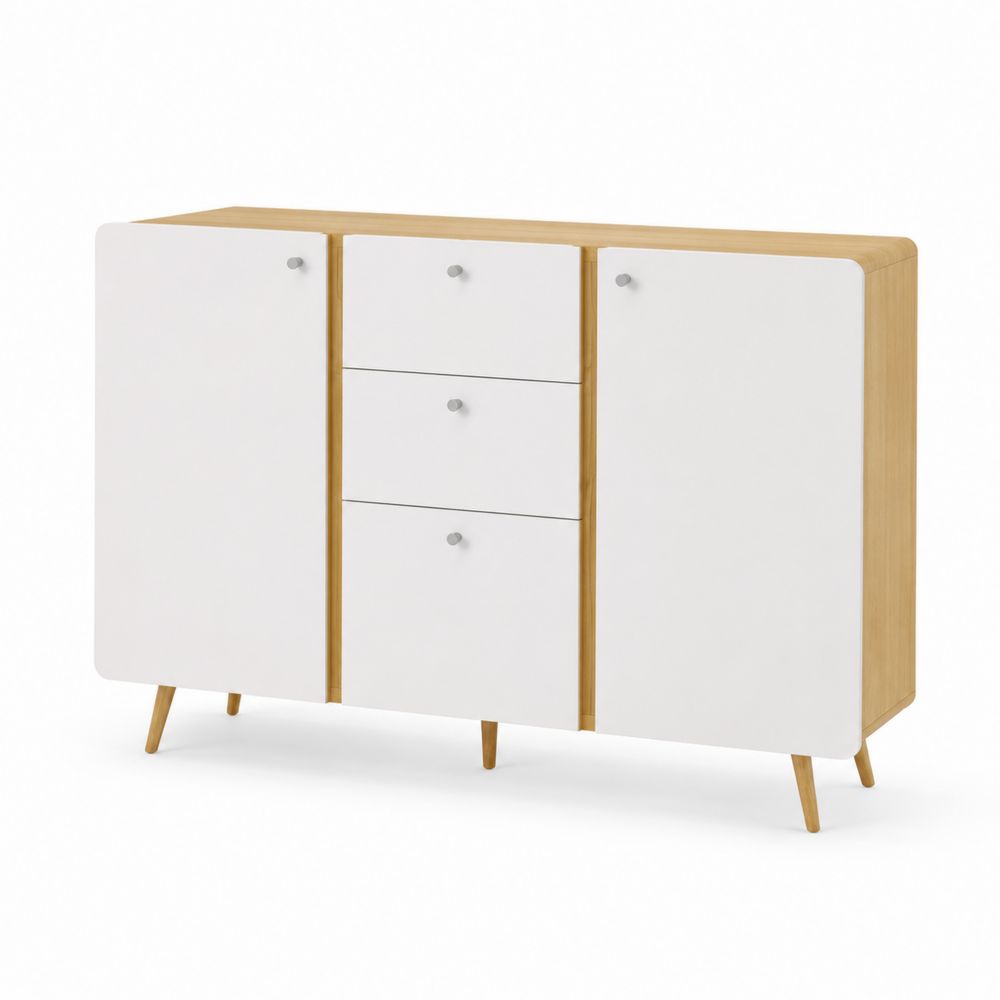 Buffetschrank aus MDF mit 3 Schubladen und 2 Türen in Weiß und Naturholz-maisonfleurco