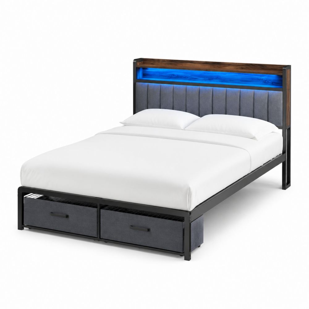 Metallbett mit Stauraum und LED-Holzoptik Grau-maisonfleurco