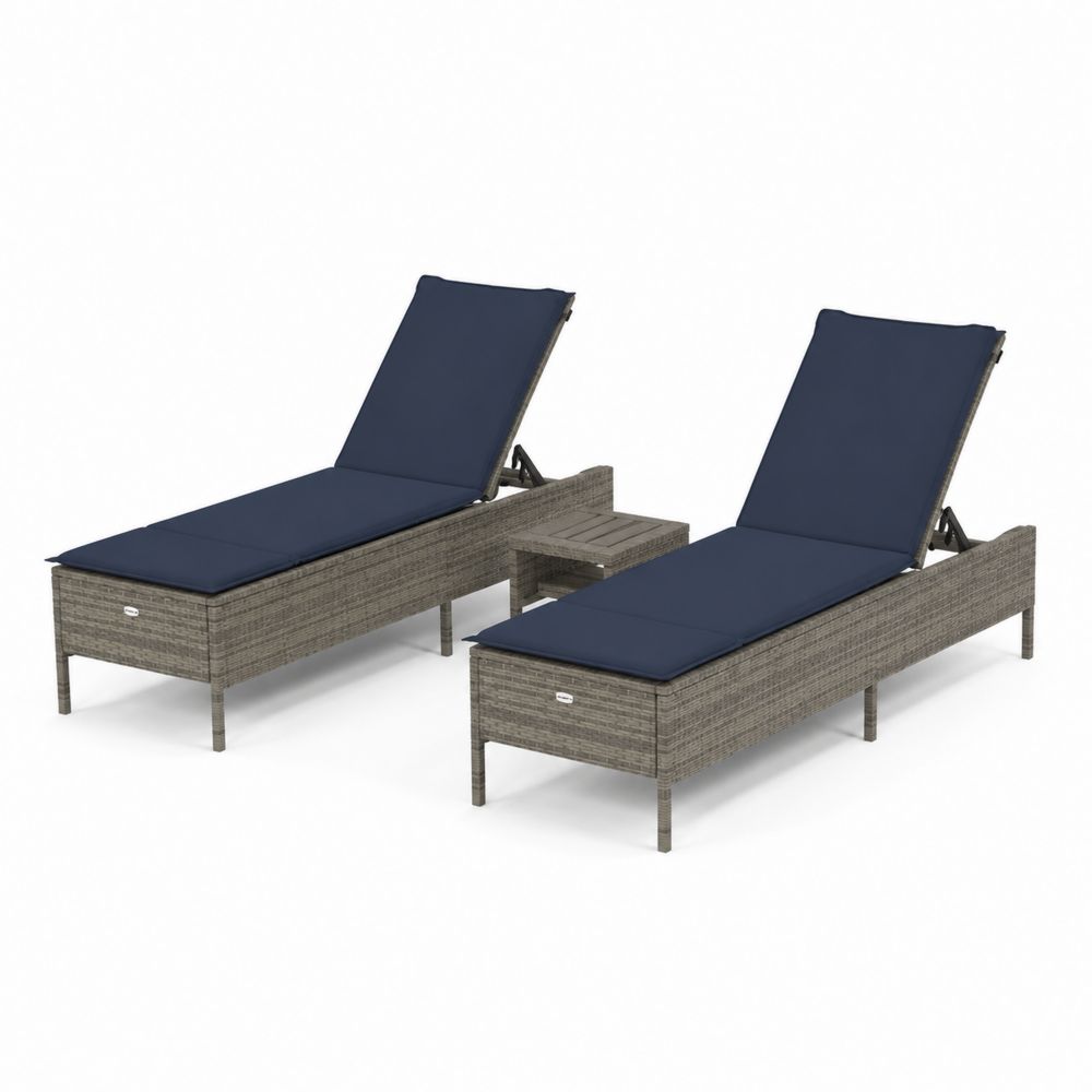 Polyrattan Liegestuhl-Set mit Tisch und Dunkelblauen Kissen, 2-teilig-maisonfleurco