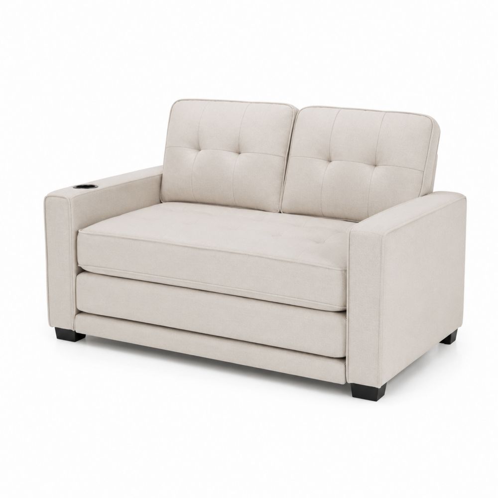 Zweisitzer Sofa Holzgestell Polyester Beige mit Armlehne und Becherhalter-maisonfleurco