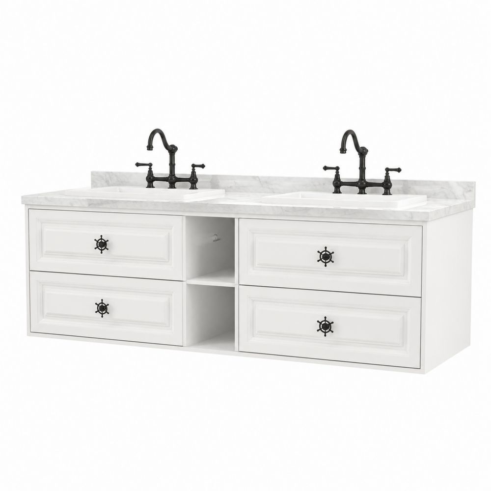 Wandmontierter Doppelwaschtisch aus MDF mit Marmorplatte, Weiß-maisonfleurco