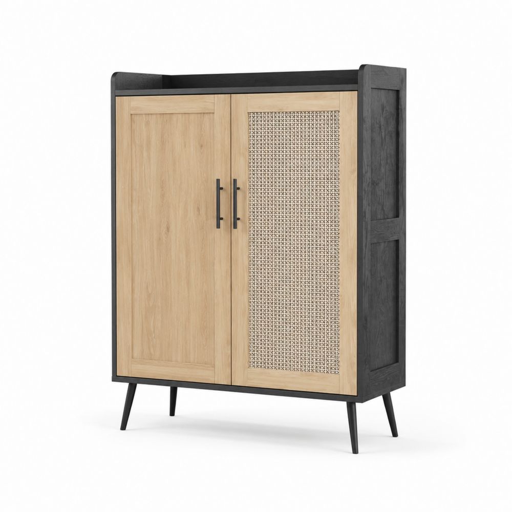 Schuhschrank aus Eichenholz mit Rattanelementen in Schwarz und Natur-maisonfleurco