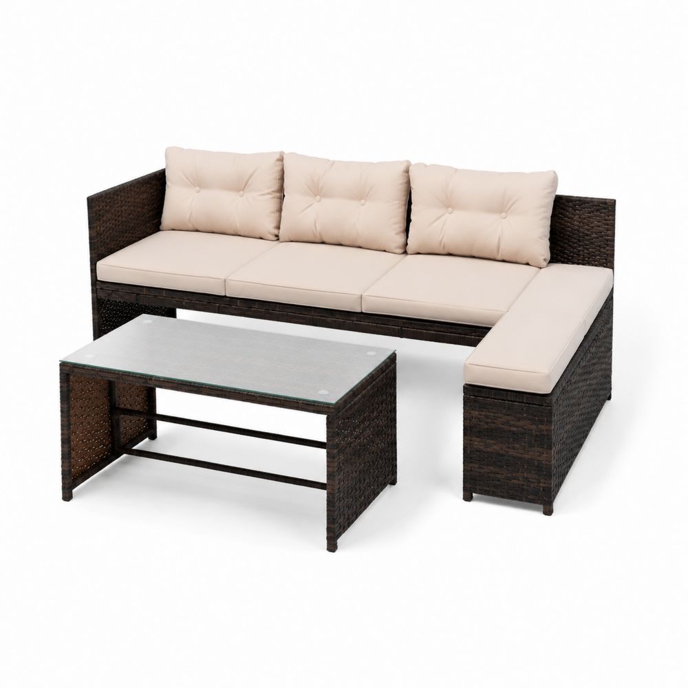 Gartensofa-Lounge-Set L-Form Polyrattan gehärtetes Glas Beige-maisonfleurco