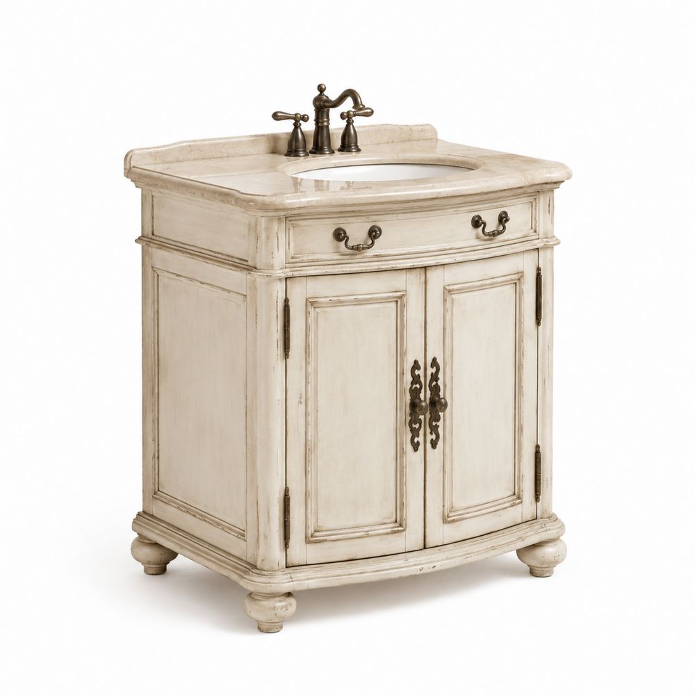 Holz-Waschtischunterschrank mit Marmor-Top und Messinggriffen Creme 80x60x55 cm-maisonfleurco