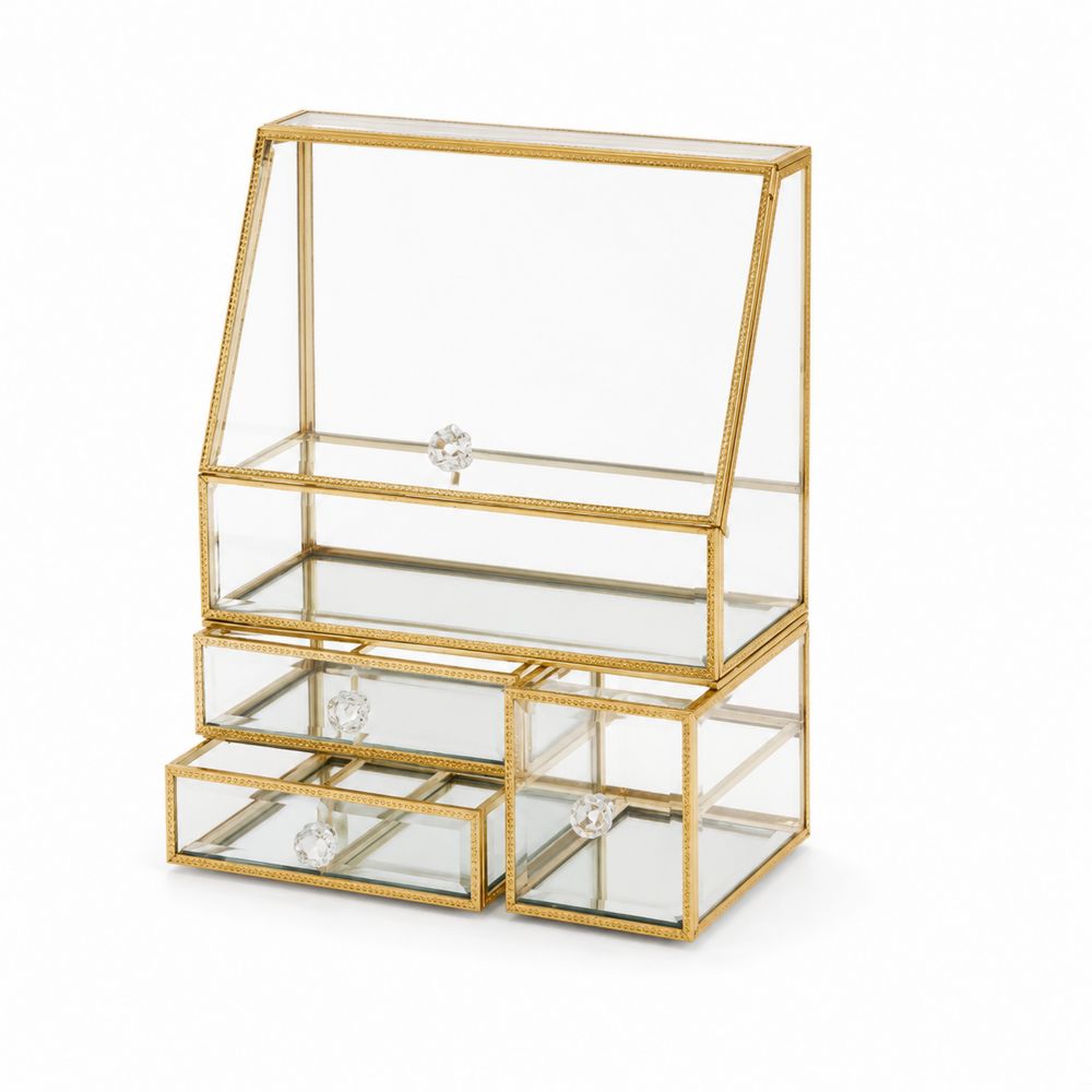 Vitrine aus gehärtetem Glas mit Goldrahmen und 3 Schubladen