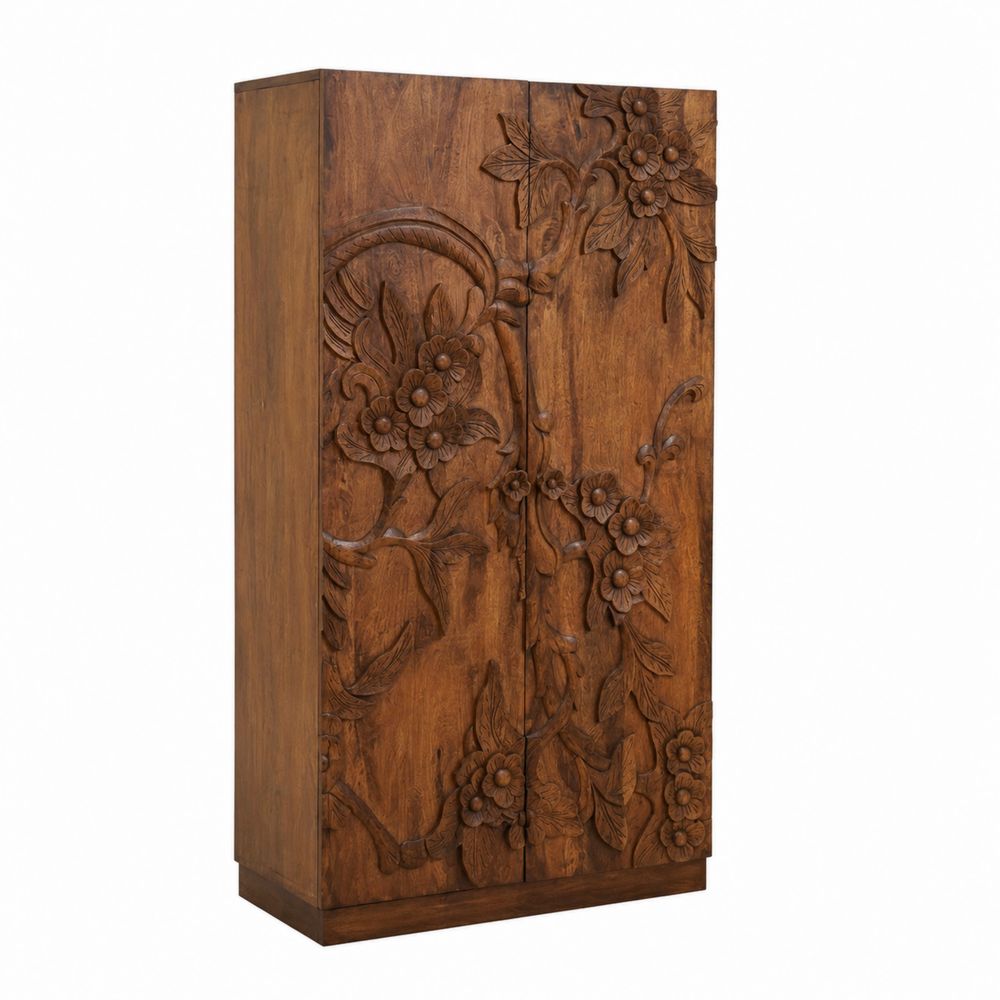 Kleiderschrank Teakholz Blumenschnitzerei Braun 180 cm x 80 cm x 50 cm