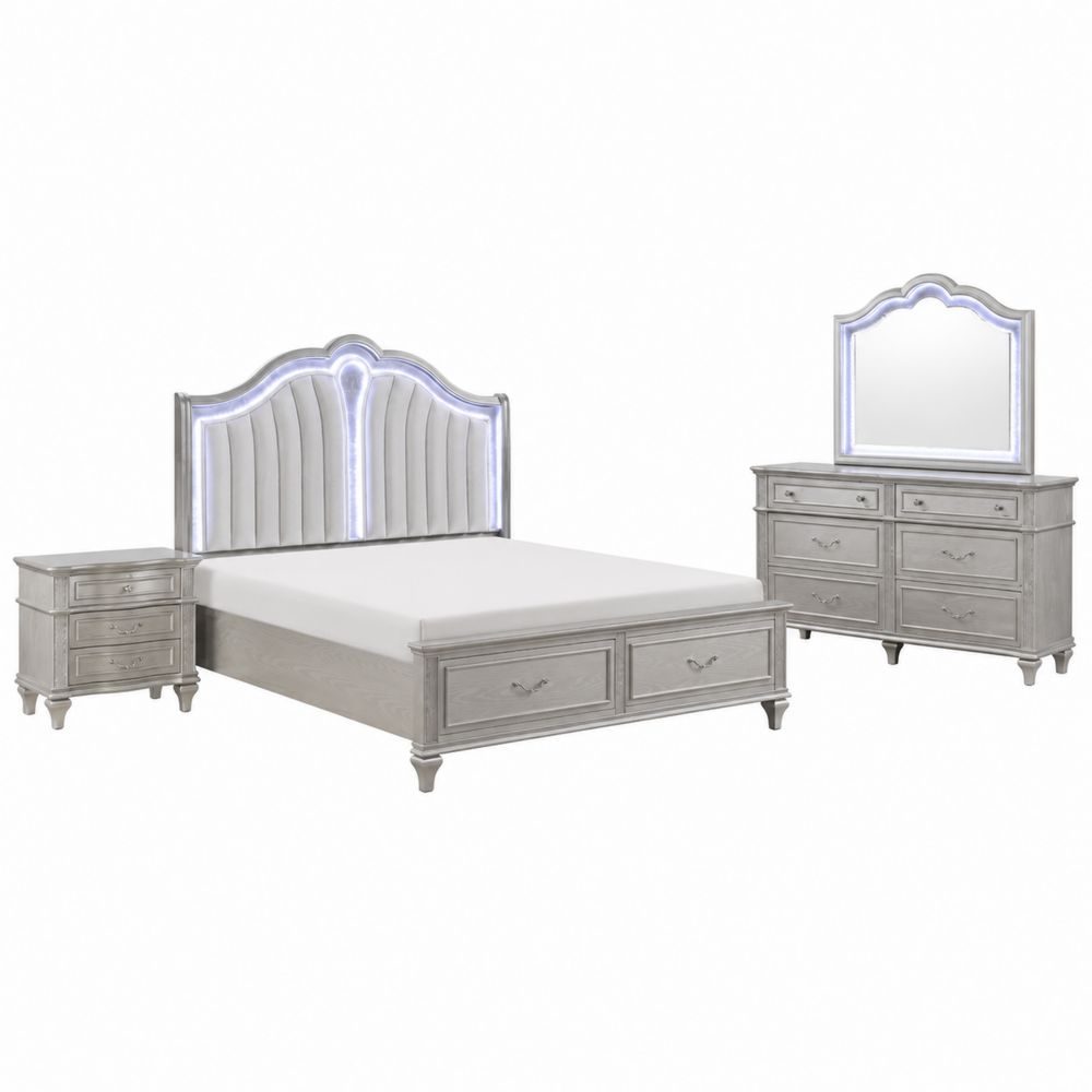 Schlafzimmer-Set mit Holzrahmen und LED-Polsterbett, Grau