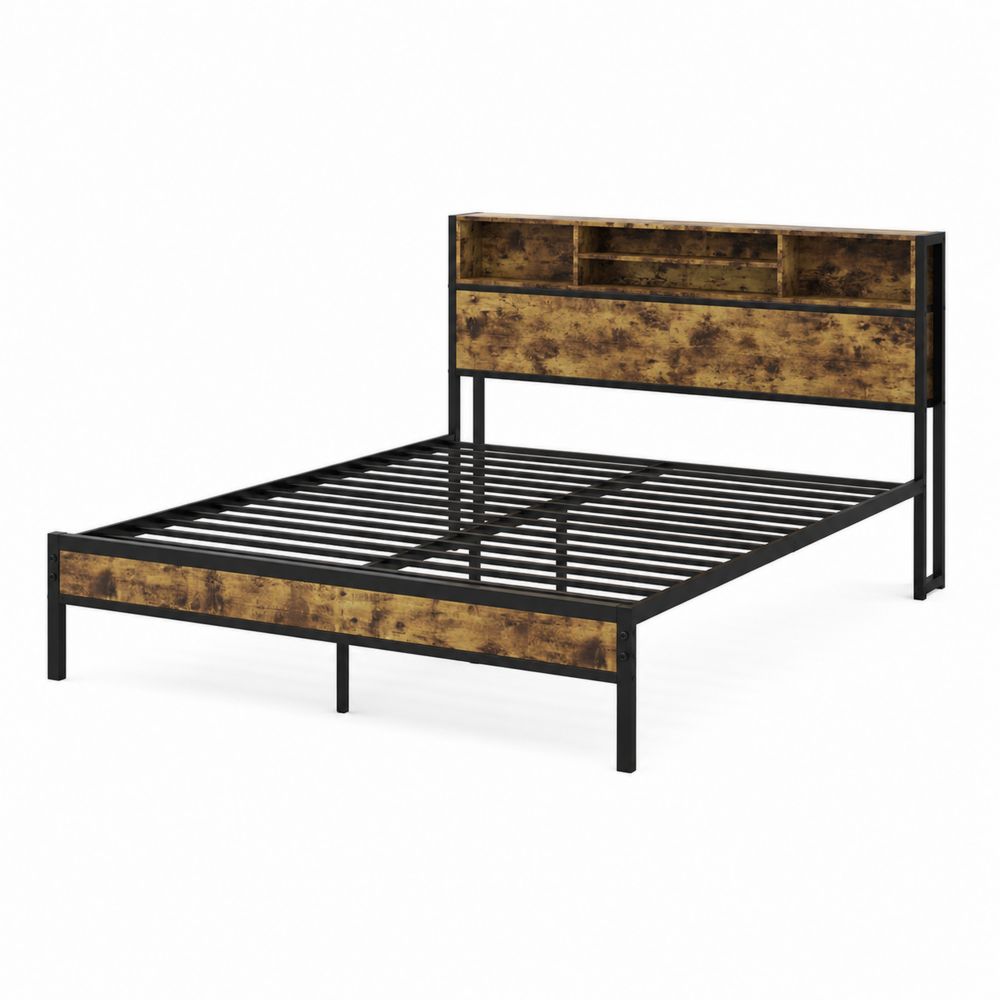 Metallbett mit Regal Kopfteil 200x140 cm Schwarz/Braun