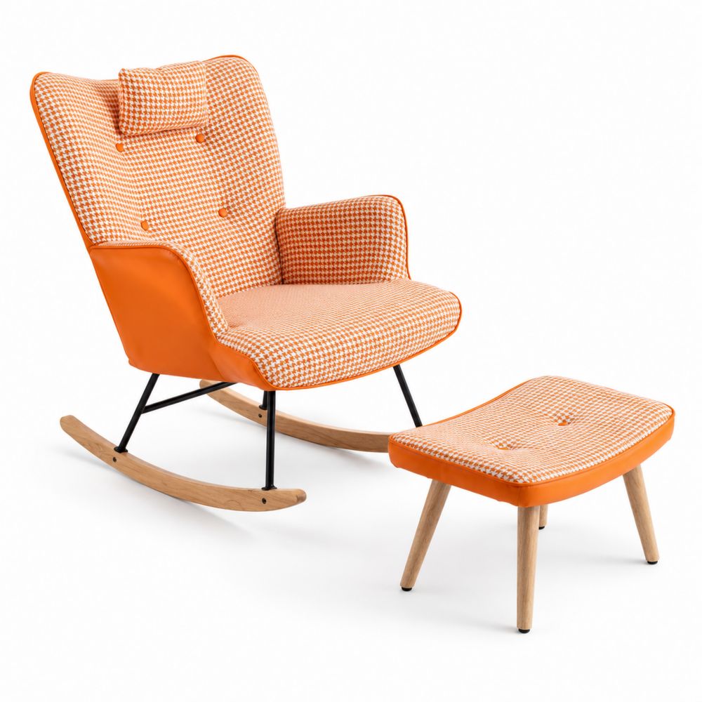 Schaukelstuhl mit Hocker Set aus Baumwollmischgewebe und Holz Orange