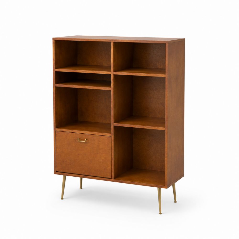 Regal Holzfurnier mit Metallbeinen und Schublade Braun