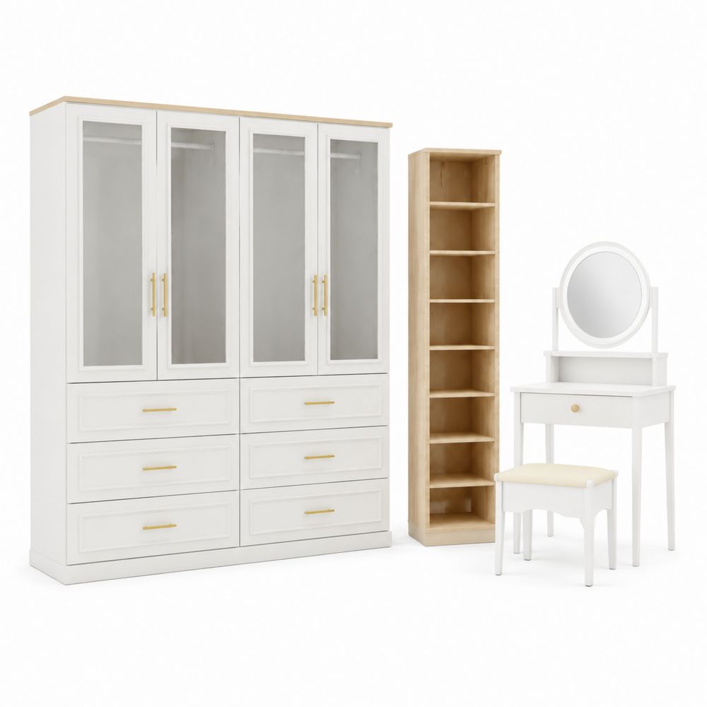 Garderobenset mit Kleiderschrank, Regal, Schminktisch und Hocker aus Holz Weiß