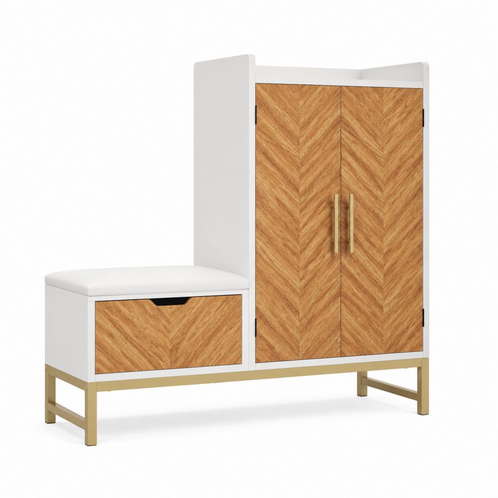 Schuhschrank mit Sitzbank, MDF und Holzfurnier, Weiß/Holzoptik
