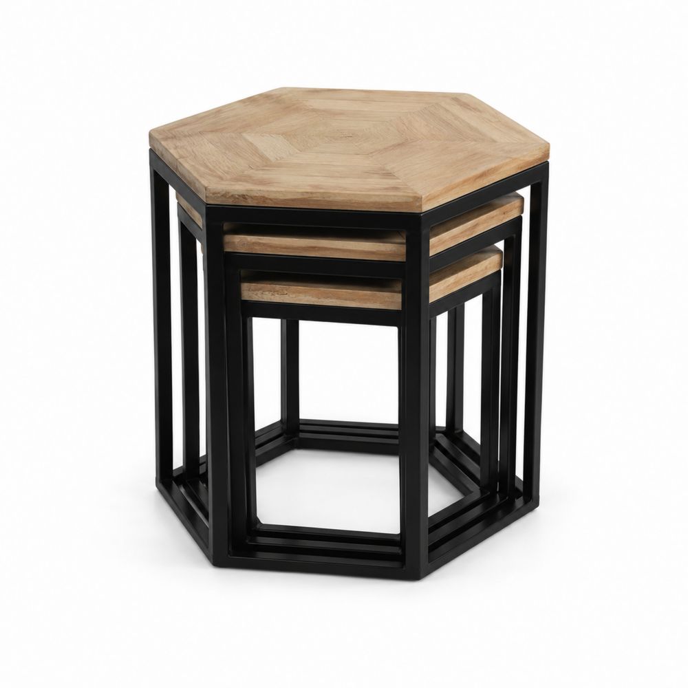 Sechseckige Nesting-Tisch Set aus Teakholz und Stahl in Schwarz und Natur