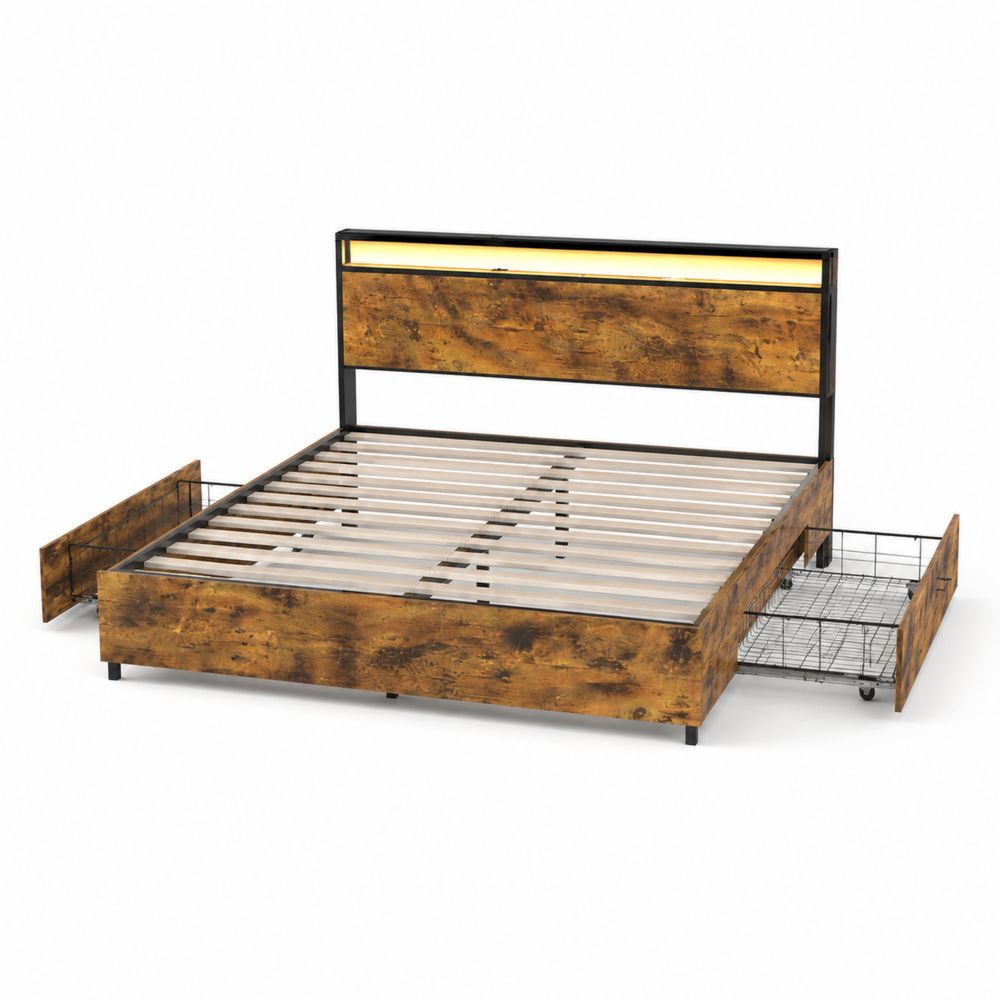 Bett aus Metall mit Holzoptik 140x200 cm mit Schubladen