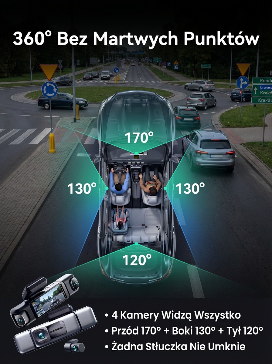4-Kanałowy Wideorejestrator 360° 4K | Tryb Parkingowy 24/7 + Łatwy Montaż | 14 Dni Na Testy
