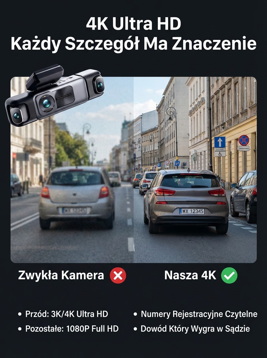 4-Kanałowy Wideorejestrator 360° 4K | Tryb Parkingowy 24/7 + Łatwy Montaż | 14 Dni Na Testy