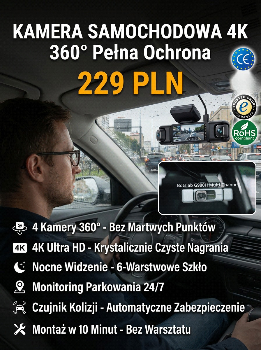 4-Kanałowy Wideorejestrator 360° 4K | Tryb Parkingowy 24/7 + Łatwy Montaż | 14 Dni Na Testy