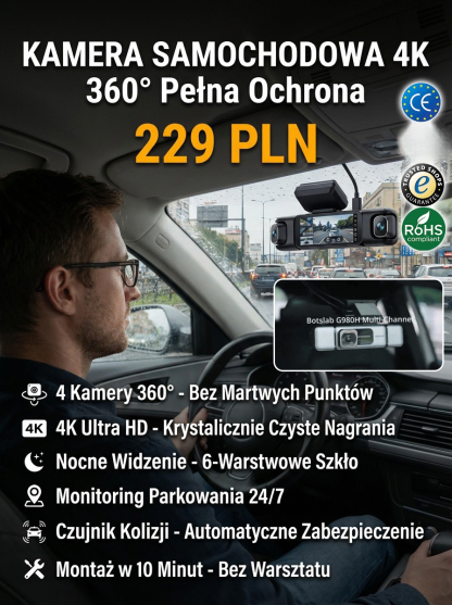 4-Kanałowy Wideorejestrator 360° 4K | Tryb Parkingowy 24/7 + Łatwy Montaż | 14 Dni Na Testy