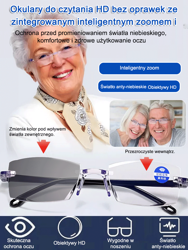 Bezramkowe Inteligentne Okulary do Czytania HD 4w1 (Zoom + Fotochrom + Anty-UV & Niebieskie Światło) - Ostateczna Wyprzedaż!