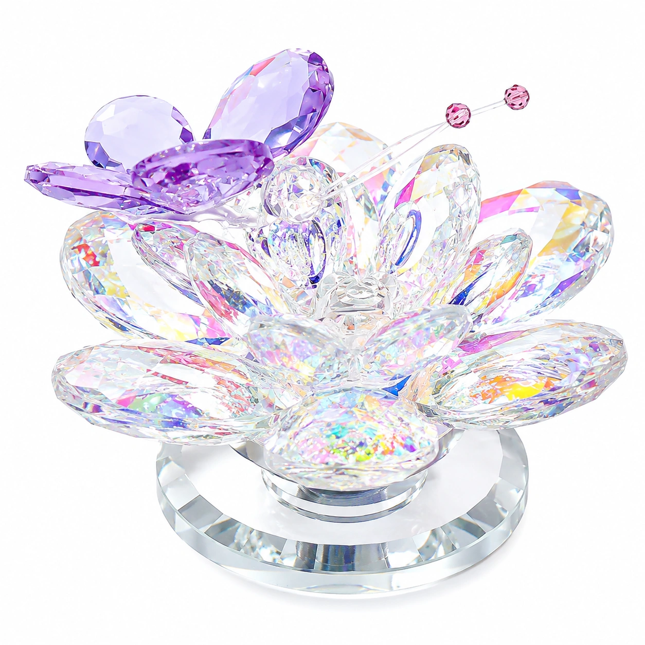 Figura decorativa de cristal flor de loto con mariposa-NordicWoodLiving