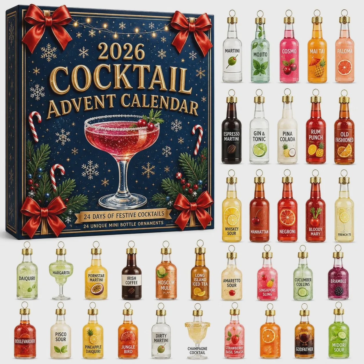 🍸 2026 Cocktail Advent Calendar – 24 Mini Cocktail Bottle Ornaments Blind Box 🎄