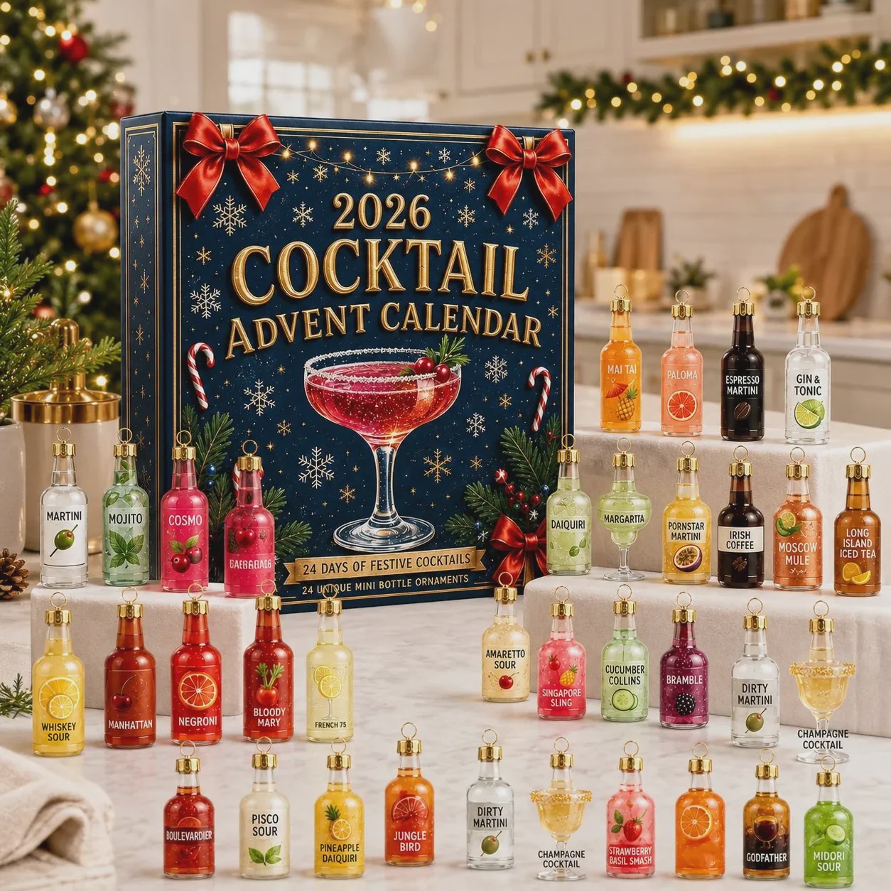 🍸 2026 Cocktail Advent Calendar – 24 Mini Cocktail Bottle Ornaments Blind Box 🎄
