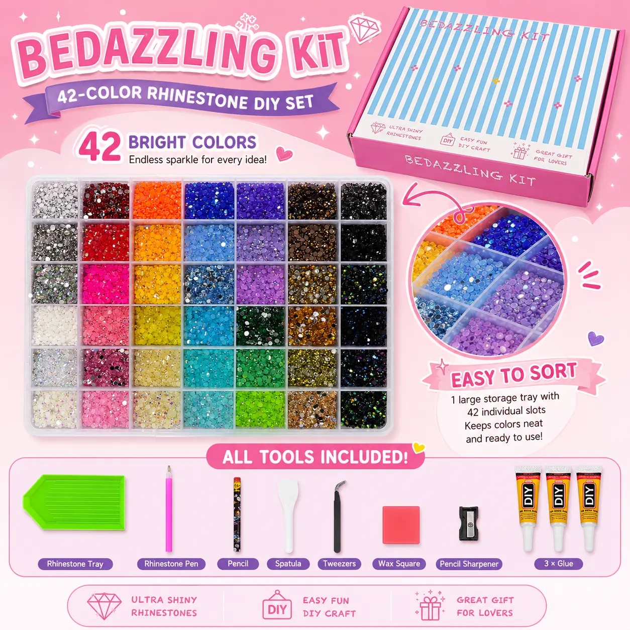 42000Pcs 42Colors 3mm Round Glitter Rhinestones Multi-Pack Kit - Nail Tech Supplies, Sufficient Quantity for Nail Art, DIY Crafts, Ultimate Creative Gift for Her