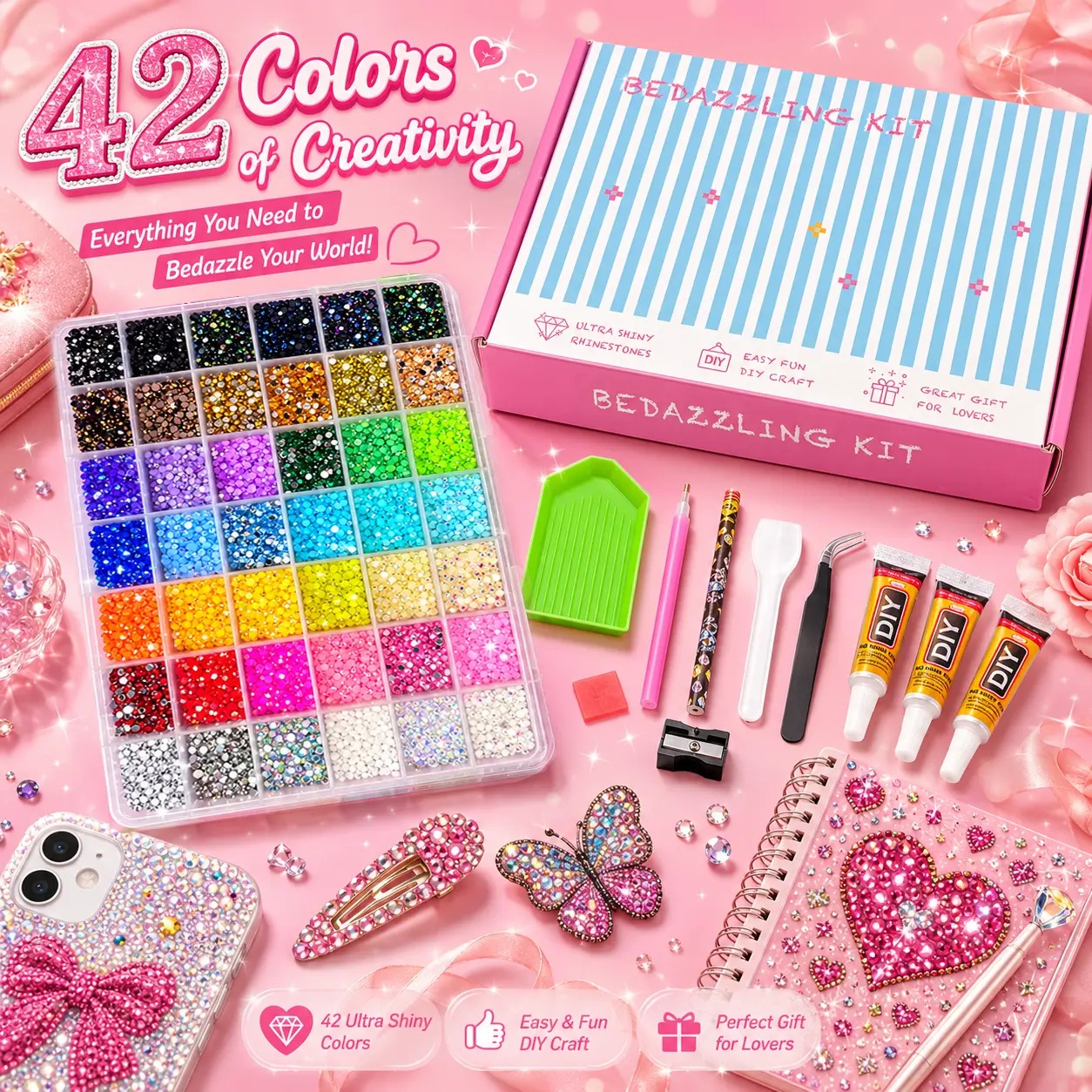 42000Pcs 42Colors 3mm Round Glitter Rhinestones Multi-Pack Kit - Nail Tech Supplies, Sufficient Quantity for Nail Art, DIY Crafts, Ultimate Creative Gift for Her