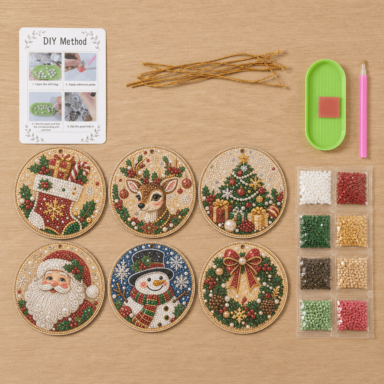 Christmas ornament craft kit with six wooden ornaments decorative gems applicator tray wax and cords