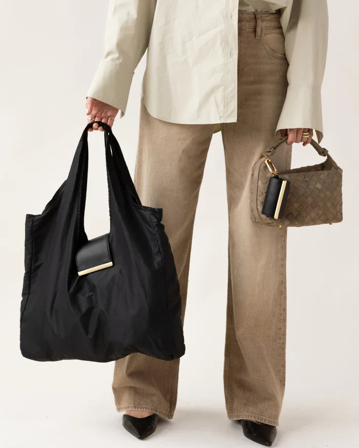 Keychain Tote Bag Compact & Expandable for On the Go, Foldable Tote Bag with Key Ring for Daily Errands - Black