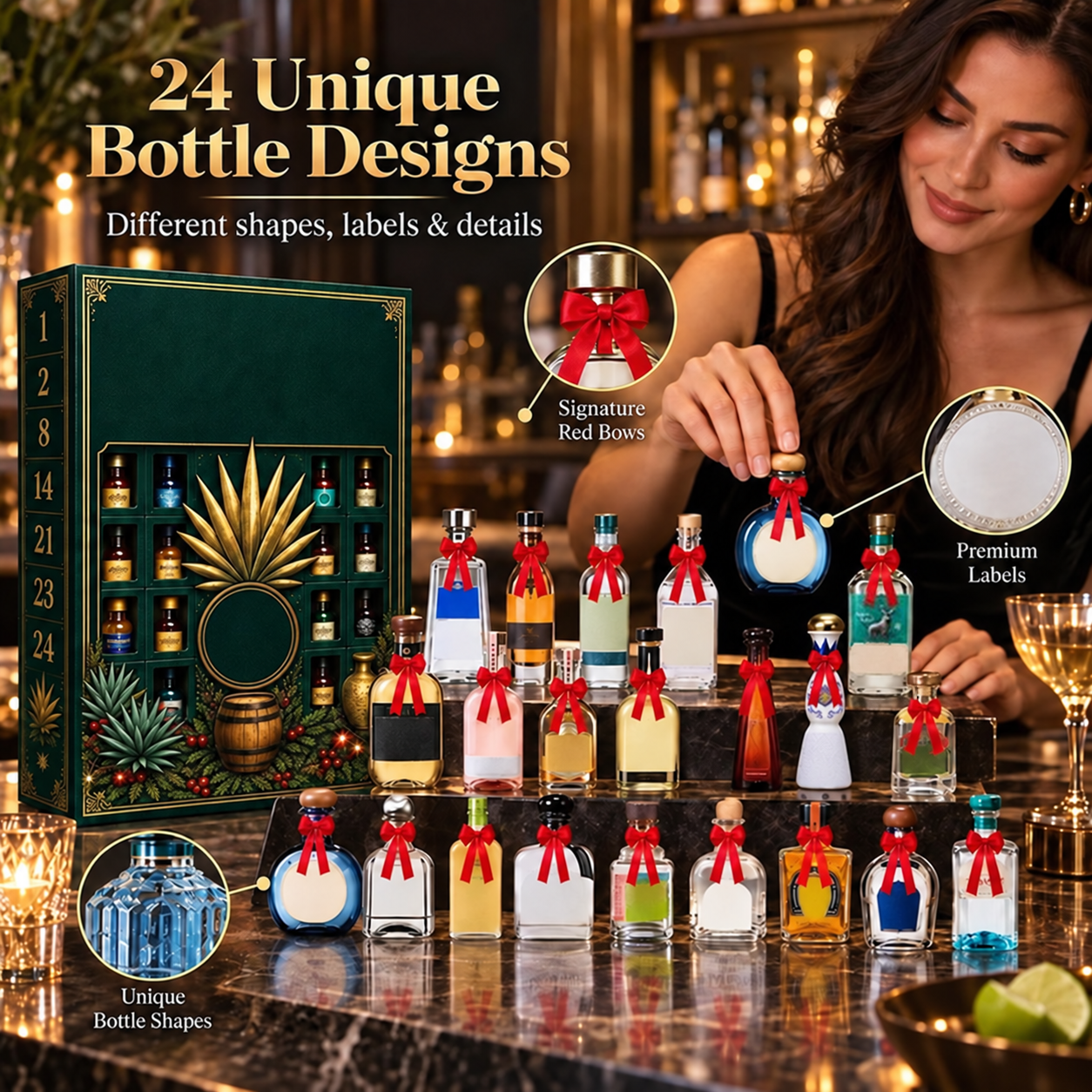 🎁✨ 24-Day Mini Tequila Bottle Advent Calendar – Holiday Countdown, Bar Decor & Collector Gift Mystery Box