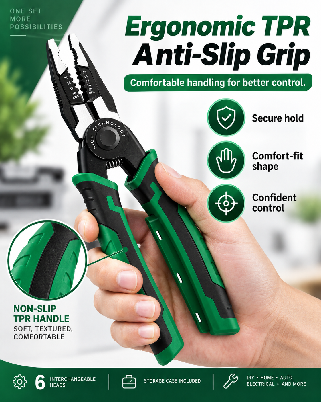 6-in-1 Interchangeable Head Pliers Set, Built-in 12-250V Voltage Detection