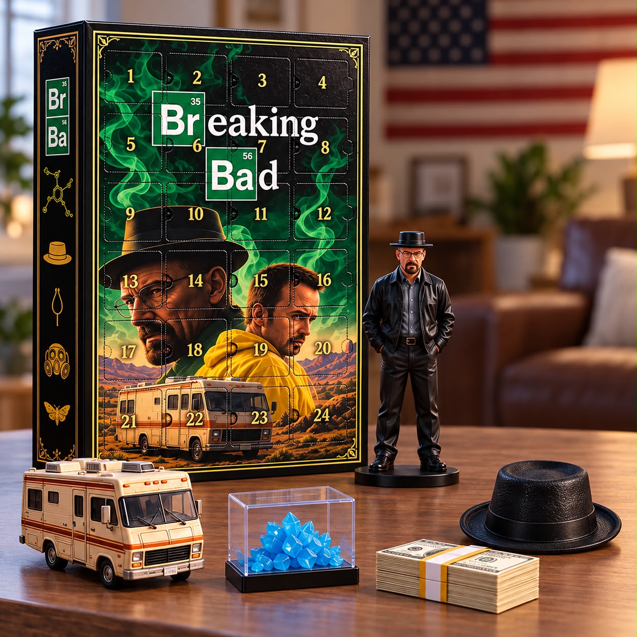 Heisenberg figure displayed with a miniature RV, black hat, and other series-inspired objects