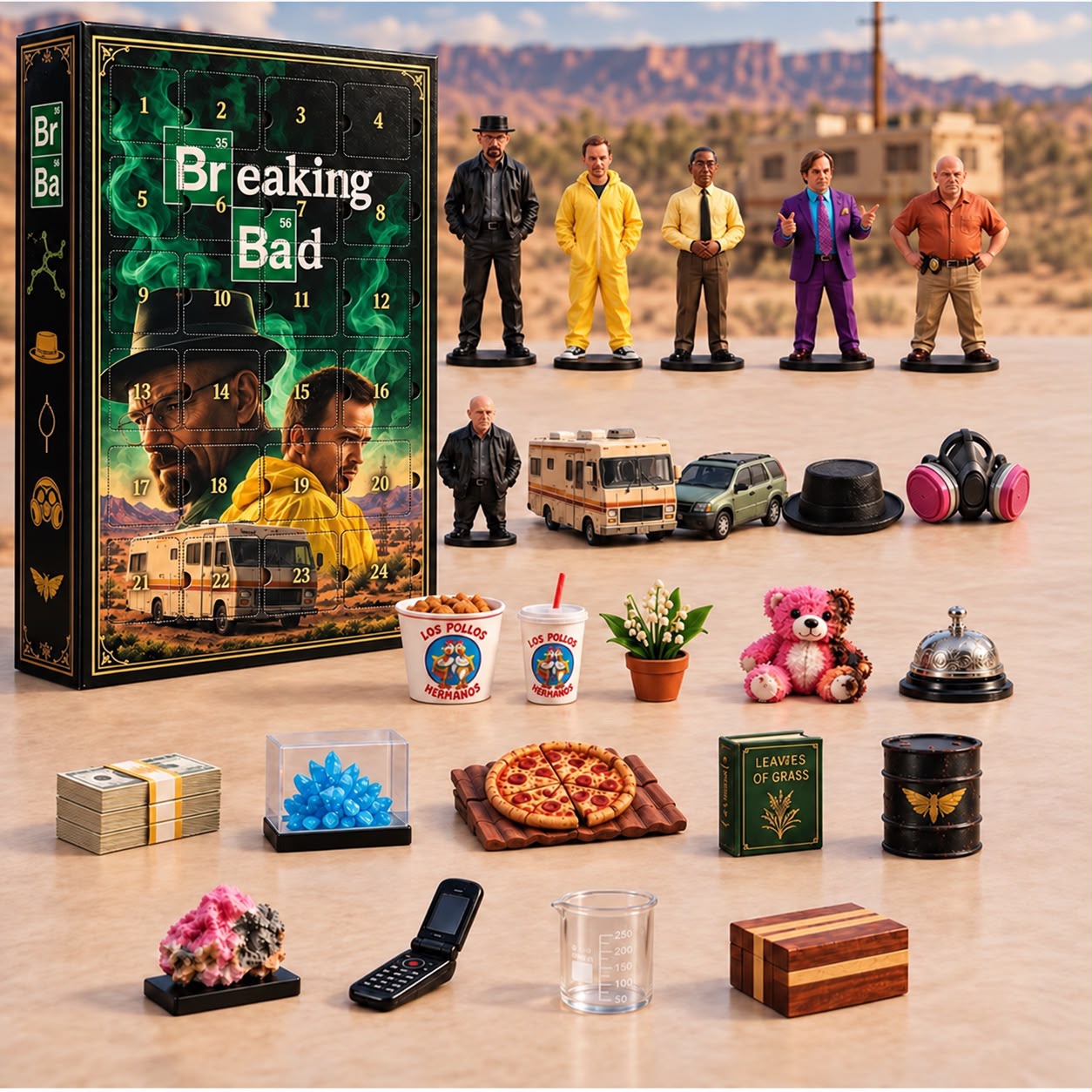 Overview of the pictured Breaking Bad character figures, miniature vehicles, and themed objects