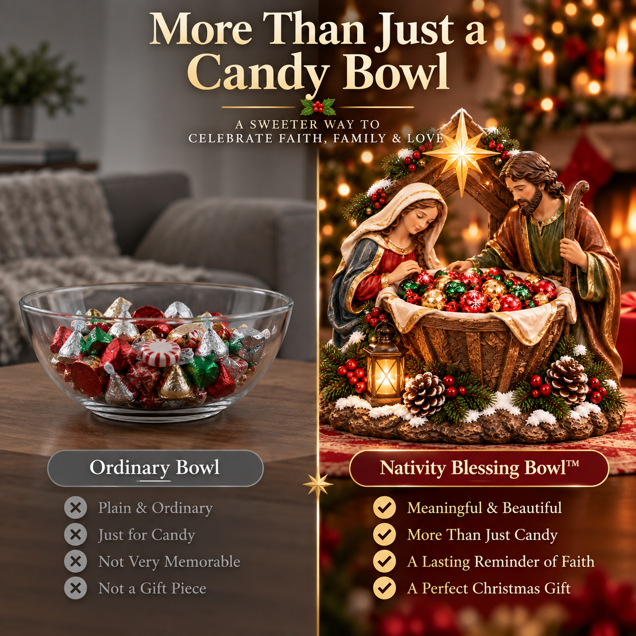 Ordinary candy bowl compared with Nativity Blessing Bowl