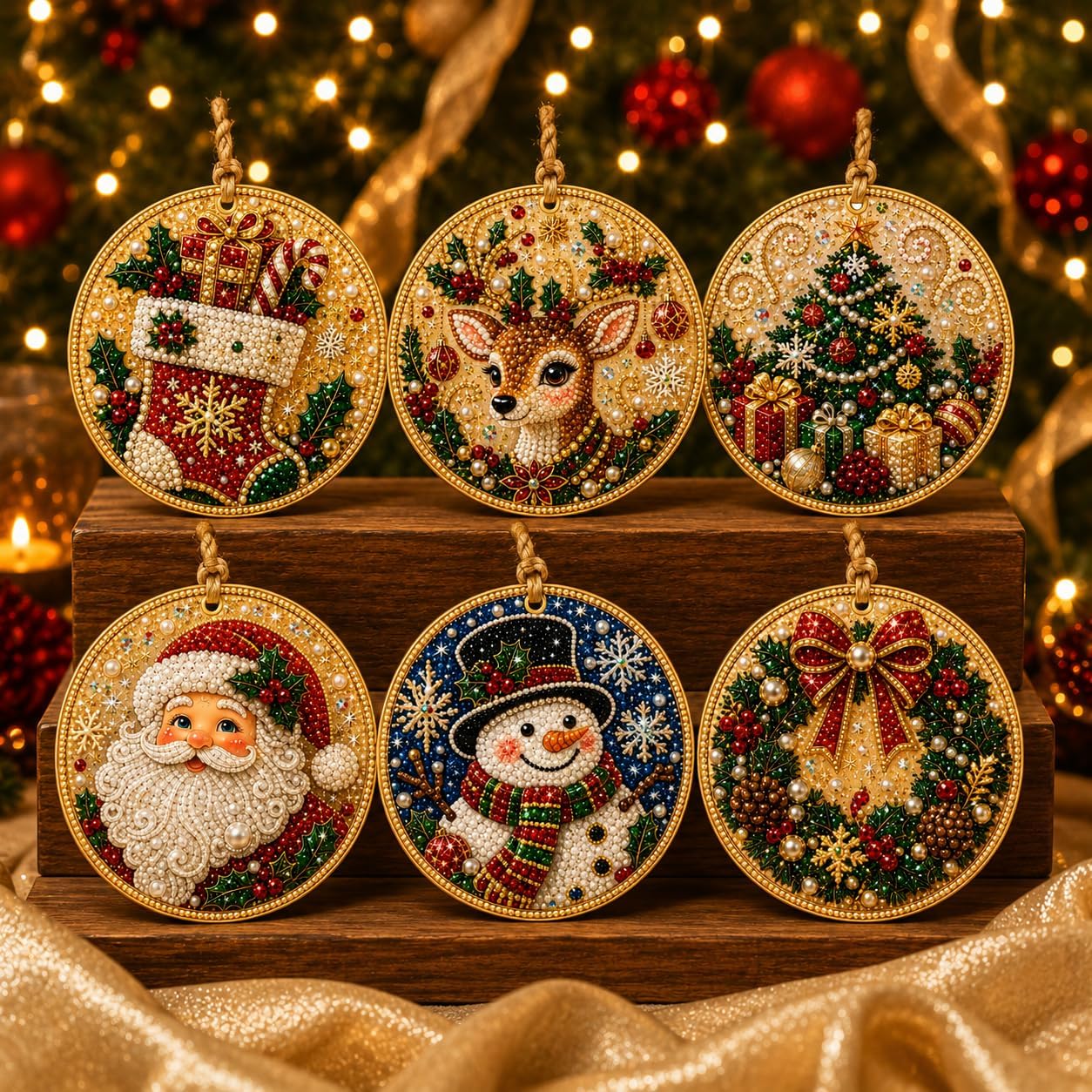 Finished sparkling Christmas ornaments with Santa snowman reindeer tree and stocking designs