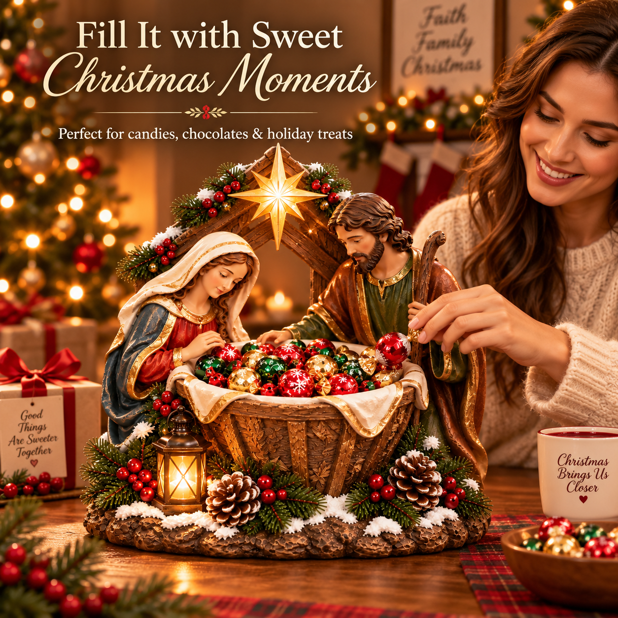 Woman enjoying treats from Nativity Blessing Bowl
