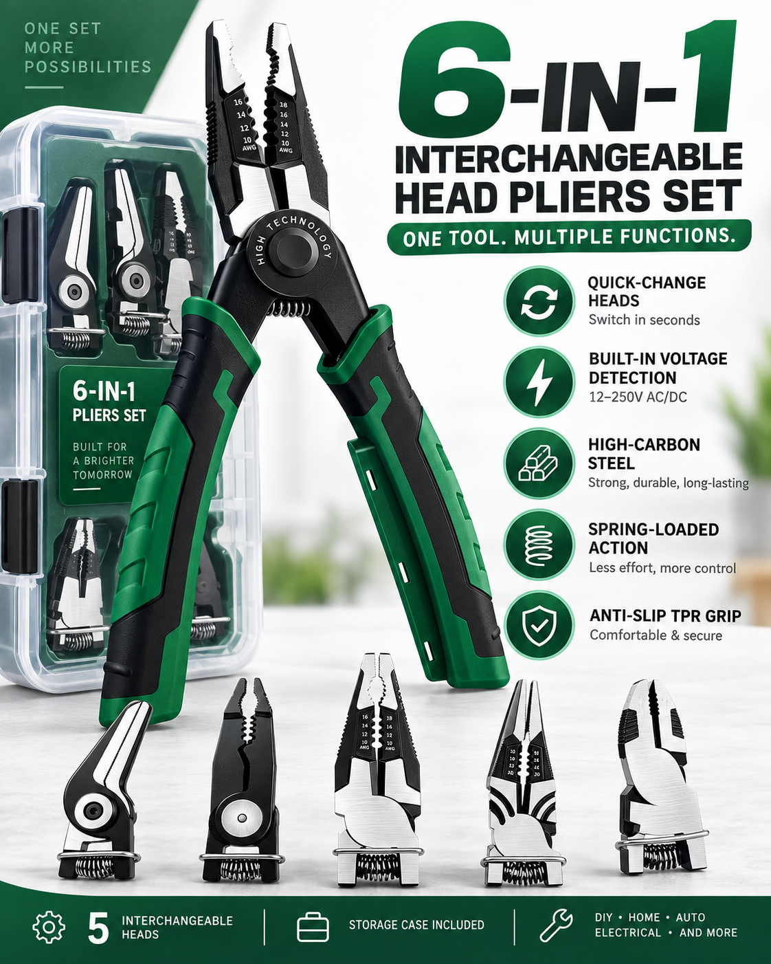 6-in-1 Interchangeable Head Pliers Set, Built-in 12-250V Voltage Detection