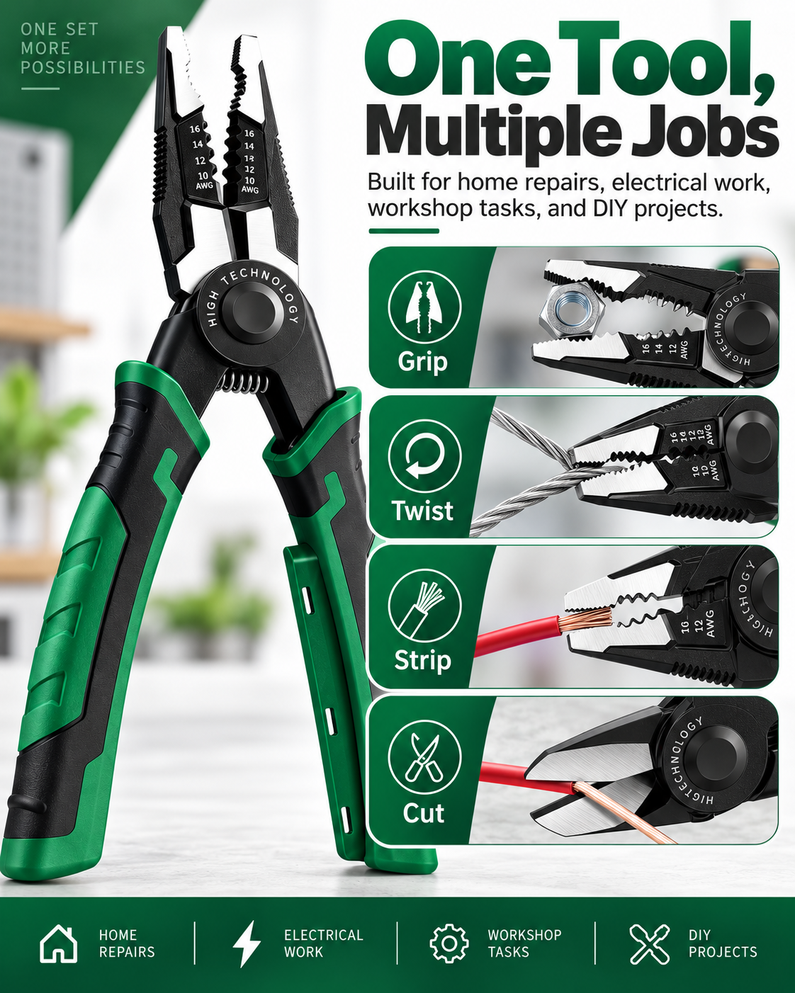 6-in-1 Interchangeable Head Pliers Set, Built-in 12-250V Voltage Detection