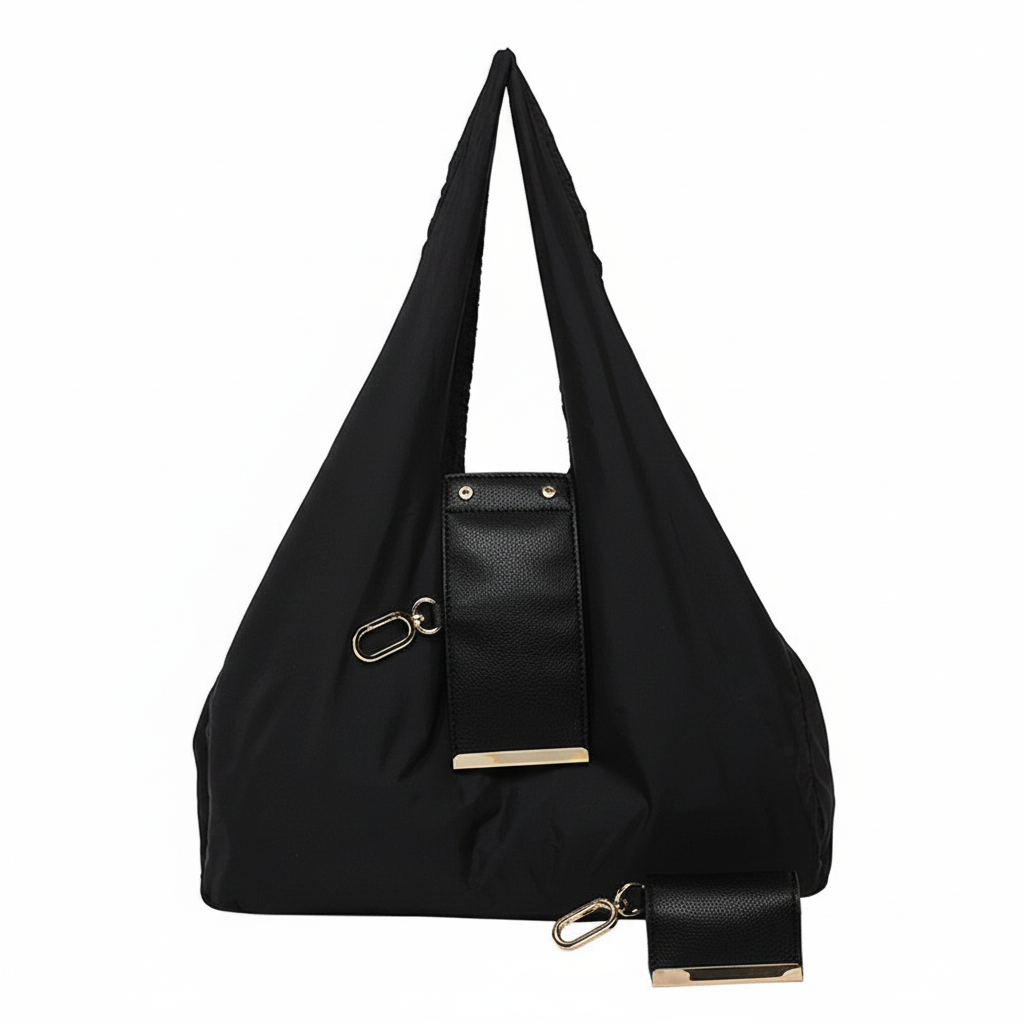Keychain Tote Bag Compact & Expandable for On the Go, Foldable Tote Bag with Key Ring for Daily Errands - Black