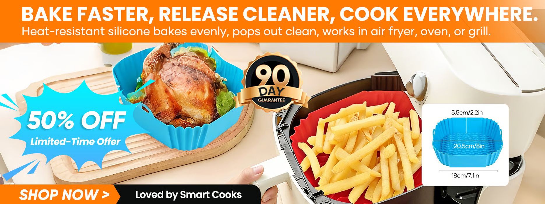 BAKE FASTER. RELEASE EASIER. COOK ANYWHERE.  Made from premium heat-resistant silicone for even baking and effortless food release. Perfect for air fryers, ovens, grills, and more—your all-in-one solution for mess-free cooking.