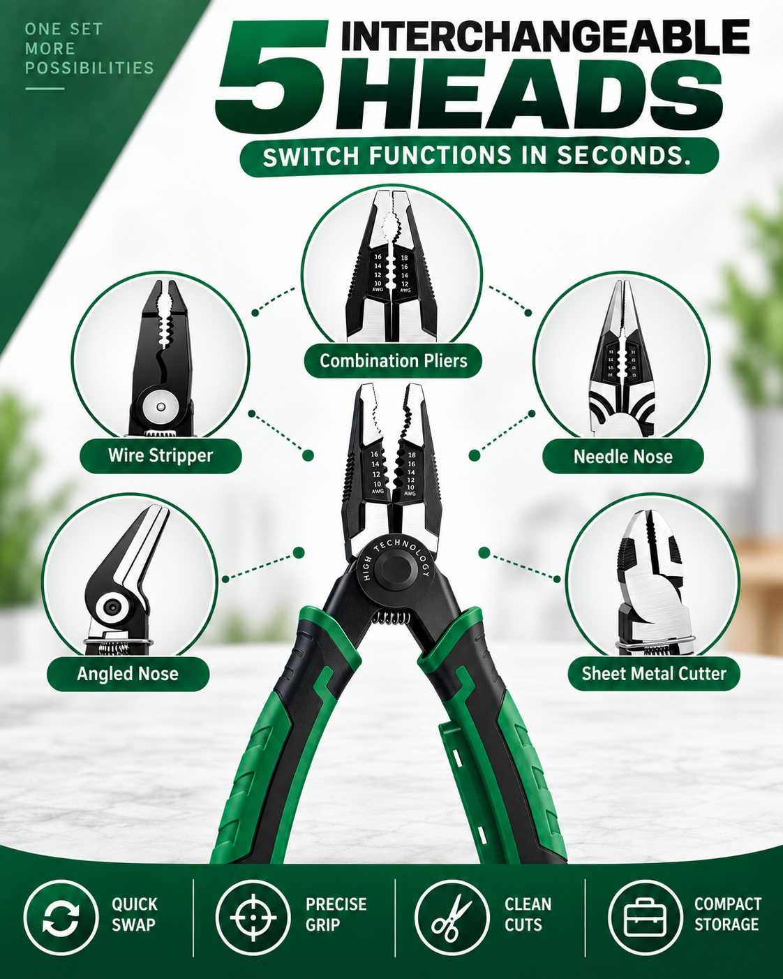 6-in-1 Interchangeable Head Pliers Set, Built-in 12-250V Voltage Detection