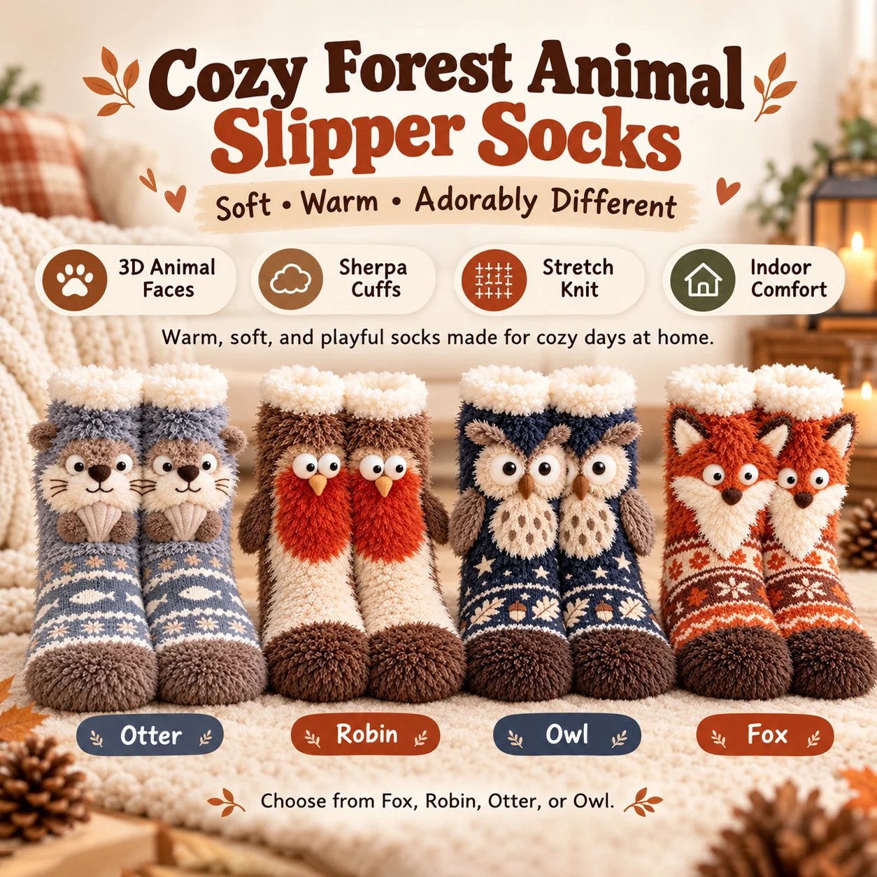 Owl fuzzy house socks with sherpa cuff